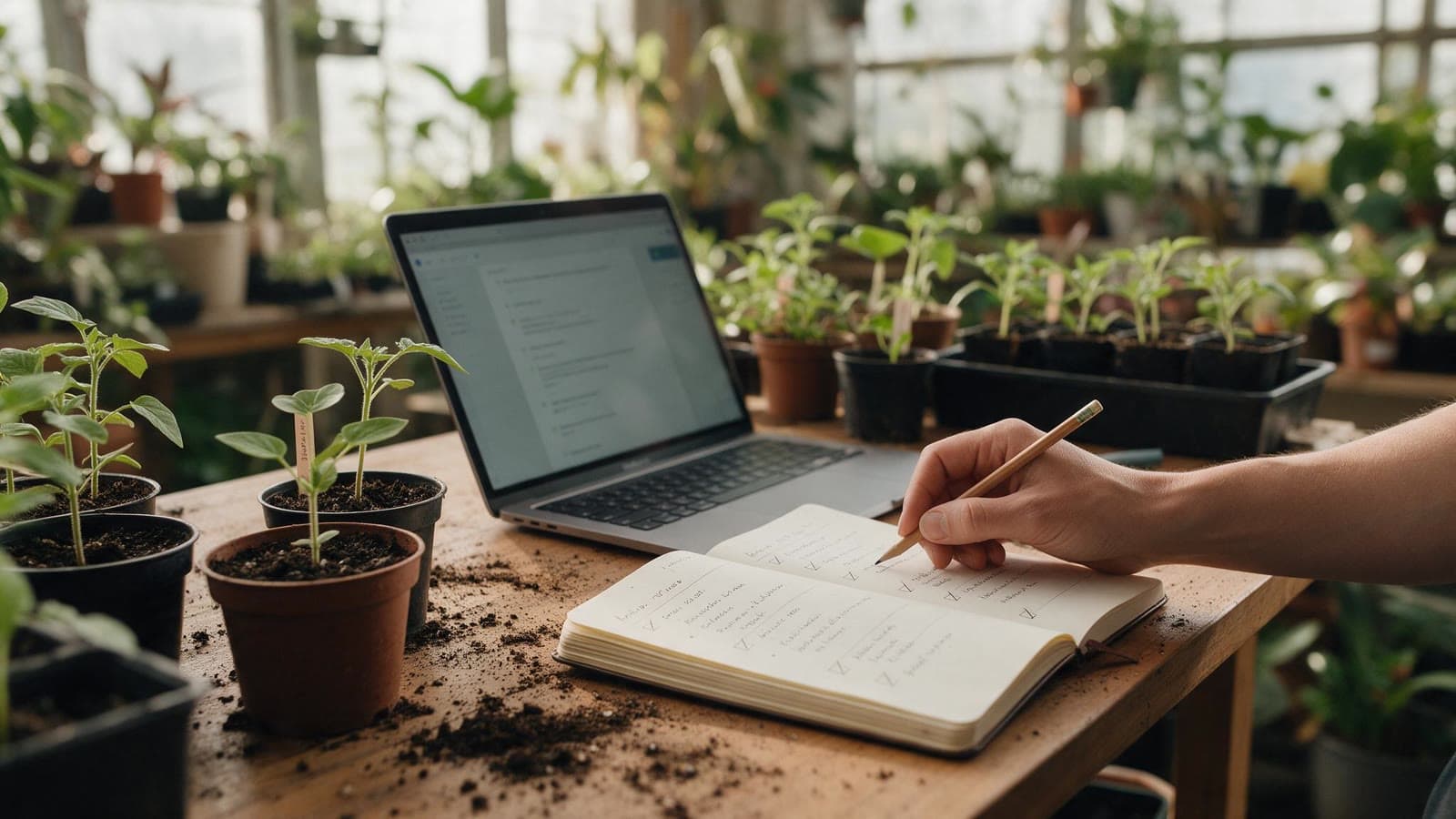 A nursery workbench with seedlings, a laptop and a hand selecting a task in a notebook