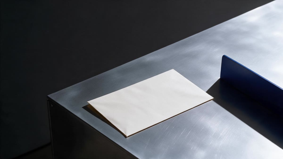 An ivory sheet rests on a brushed metal surface beside a cobalt divider.